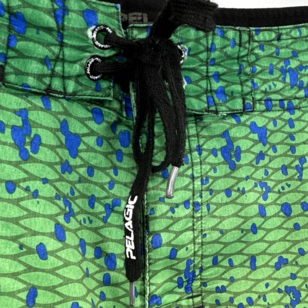 Pelagic Fish Scale Pattern Fishing Board Shorts Green Yellow Blue Athletic 40